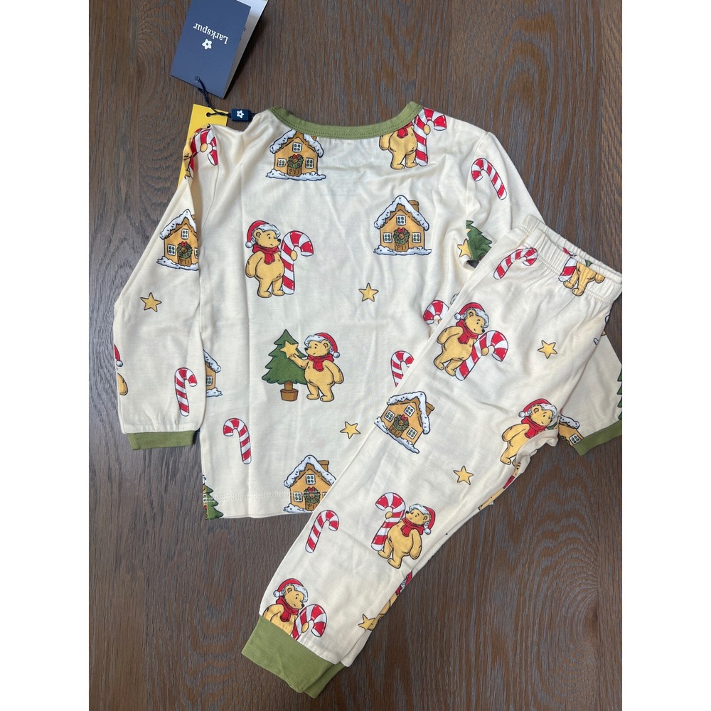 Larkspur Winnie the Pooh Christmas Bamboo Pajama Set Cream Green 2T - Picture 3 of 3